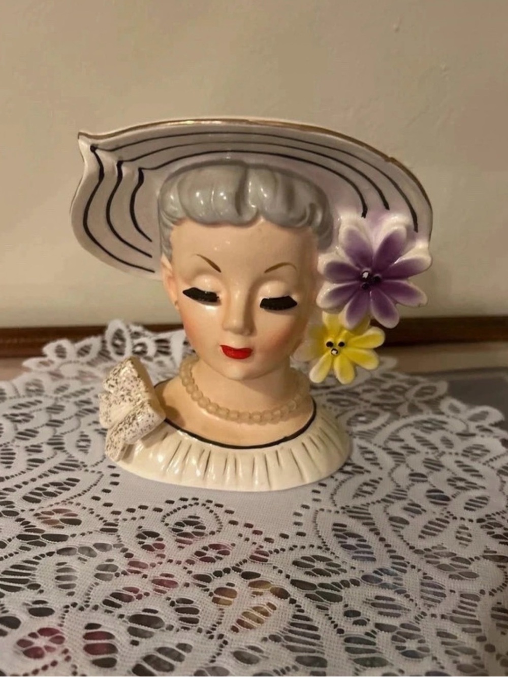Vintage Ceramic Lady Head Vase in Cream with Purple & Yellow Floral Accents